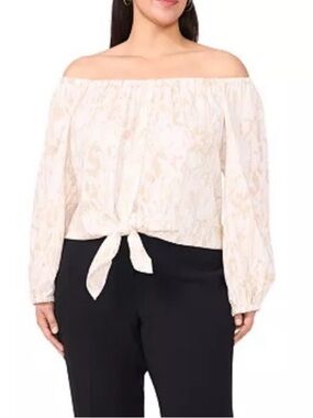 Vince Camuto Lightweight Beige Tie-Front Off Shoulder Peasant Blouse - Women